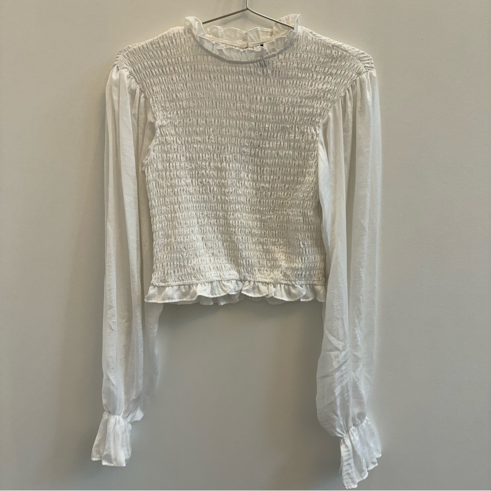 San Joy White Smocked Blouse with Ruffle Trim